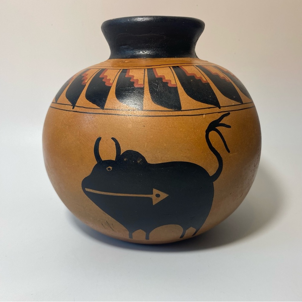 Jose Lucano Handcrafted Tan and Black Bull Southwestern Pottery Vase